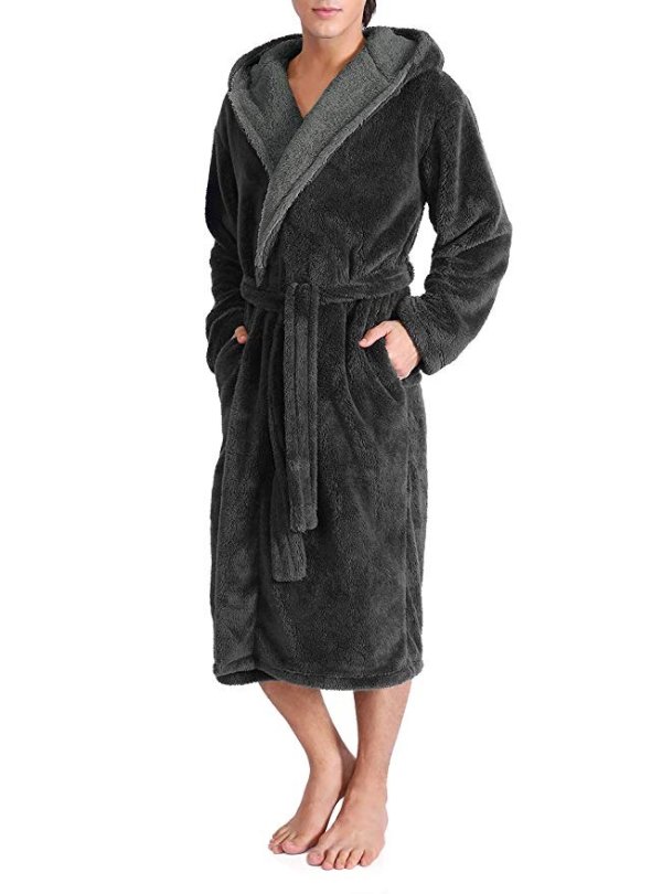 Men's Hooded Fleece Plush Soft Shu Velveteen Robe Full Length Long Bathrobe
