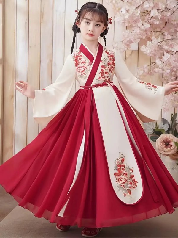 Girls Chinese Style Antiquity Hanfu Tang Flowers Embroidery Color Block Traditional Dress Performance Costumes Kids Clothes Chinese Size Please Check The Size Guide Carefully - Clothing, Shoes & Jewelry - Temu