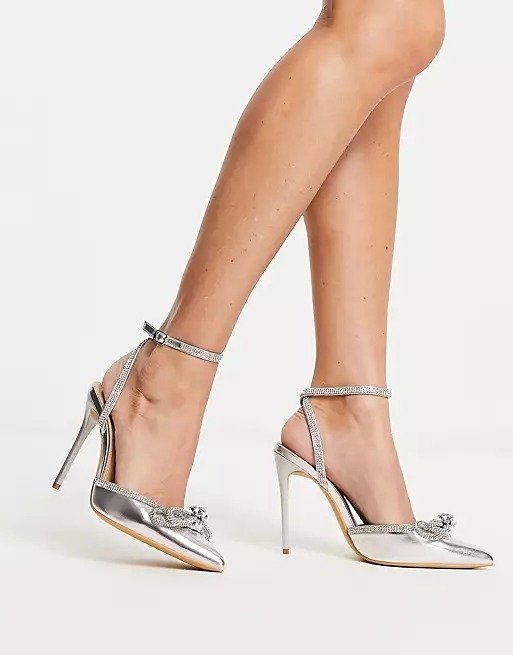 bow embellished clear pointed heeled shoes in silver