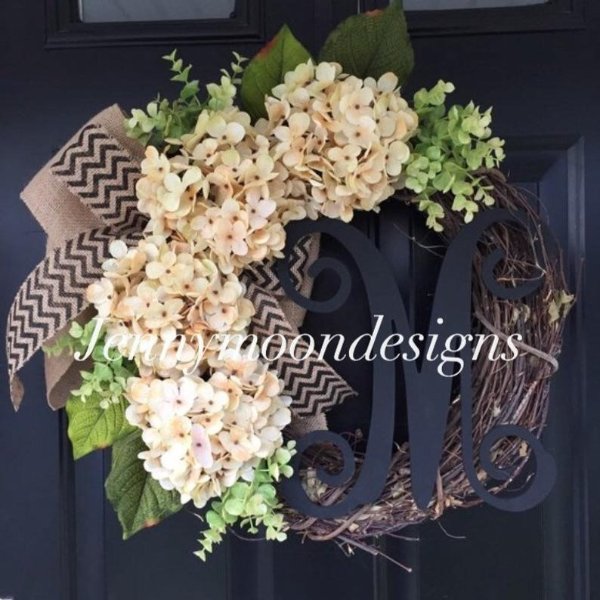 Wreath Everyday Wreath Cream Hydrangea Burlap Chevron | Etsy