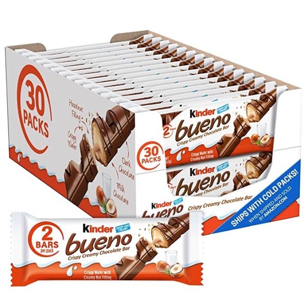 Kinder Bueno Milk Chocolate and Hazelnut Cream Candy Bar, 30 Packs, 2 Individually Wrapped 1.5 oz Bars Per Pack