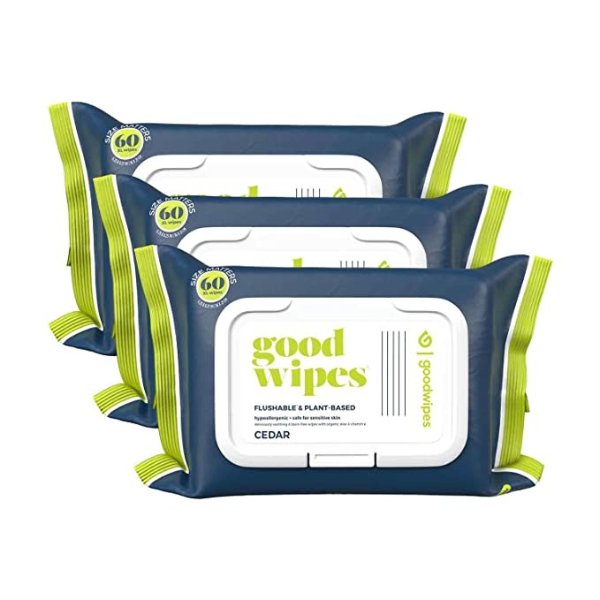 Goodwipes Flushable Butt Wipes Made w/Soothing Botanicals & Aloe – Soft & Gentle Wet Wipe Dispenser for Home Use, Septic & Sewer Safe – Largest Adult Toilet Wipes – Cedar, 180 count (3 packs)