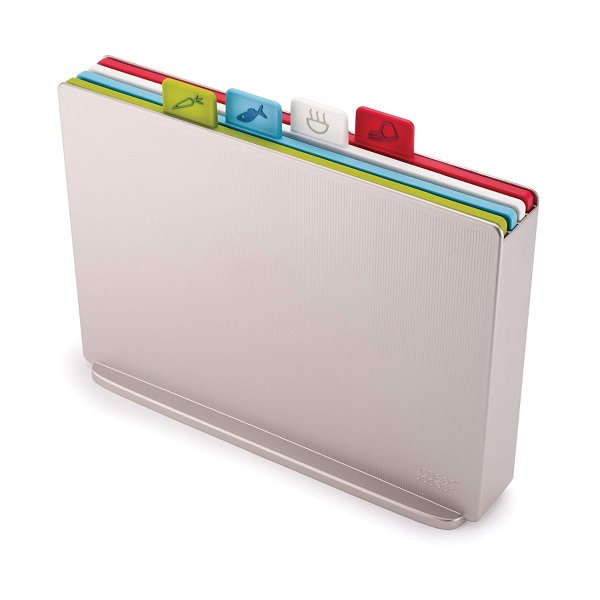 60134 Index Plastic Cutting Board Set with Storage Case Color-Coded Dishwasher-Safe Non-Slip, Large, Silver