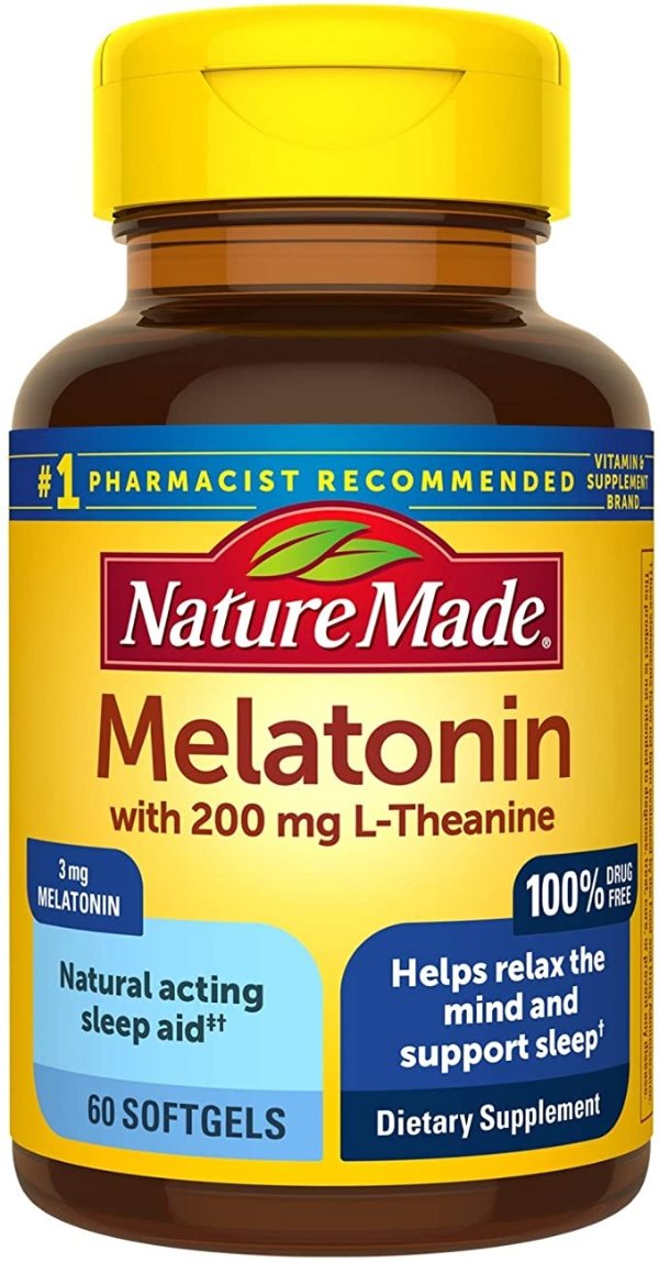 Made Melatonin 3 mg with 200 mg L-theanine Softgels, 60 Count for Supporting Restful Sleep