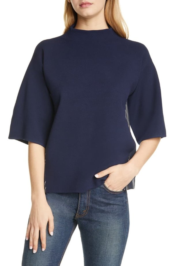 Woven Back Panel Funnel Neck Sweater