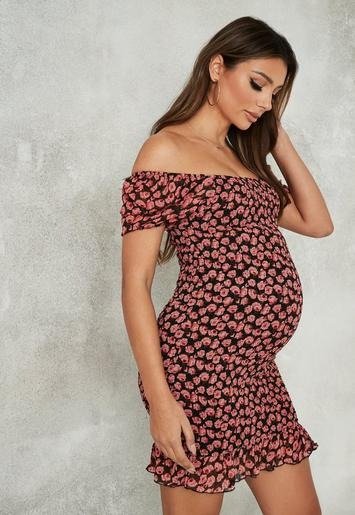 - Black Floral Print Shirred Maternity Mini Dress