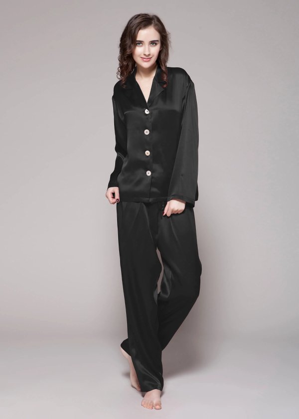 22 Momme Long Classic Silk Pajama Set Black