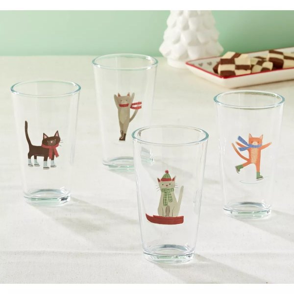 Furry Christmas Cats Highball Glasses, Set of 4