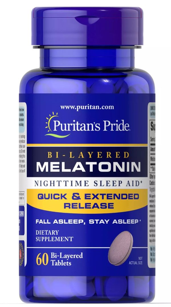 Bi-Layered Melatonin 5 mg 60 Tablets | Sleep & Relaxation Supplements| Puritan's Pride