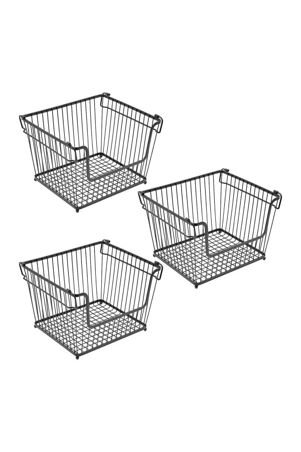 Stackable Metal Storage Organizer Bin Basket - Set of 3 - Black