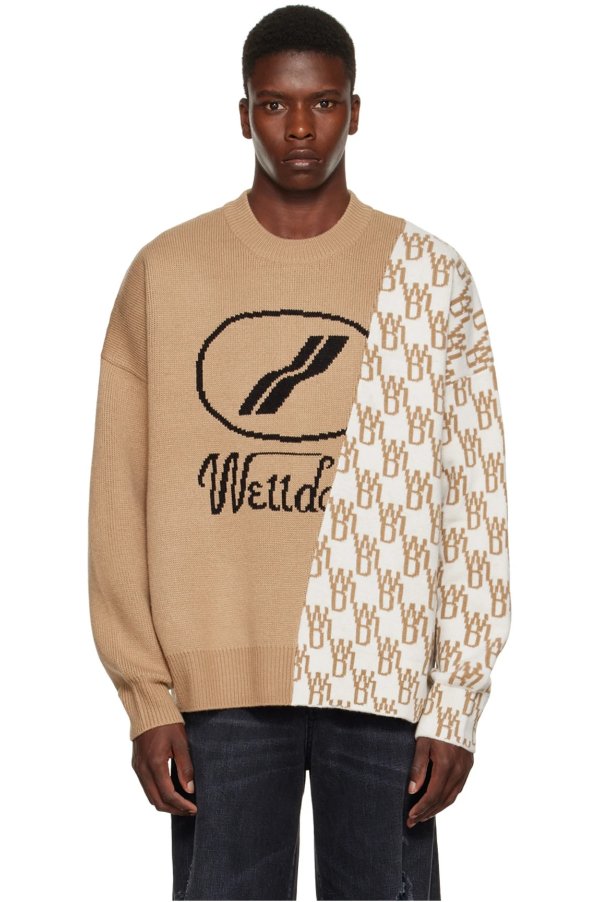 Beige Graphic Mix Paneled Sweater