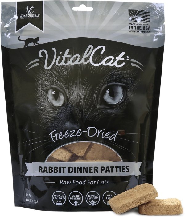 VITAL ESSENTIALS Rabbit Dinner Patties Grain-Free Limited Ingredient Freeze-Dried Cat Food, 8-oz bag - Chewy.com