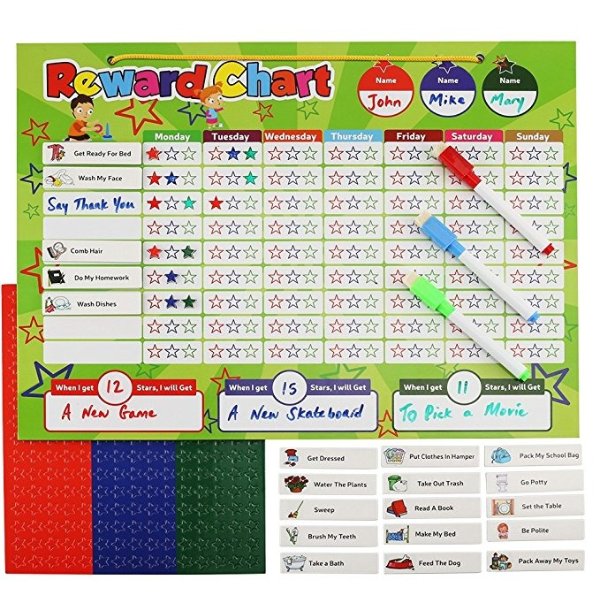 Magnetic Reward Chart Set, Includes: 20 Magnetic Chores, 210 Magnetic Stars & 4 Color Dry Erase Markers! Behavior Chart Board Magnetic Backing & Hanging loop for Wall, Rigid board Dry Erasable,16 x 12