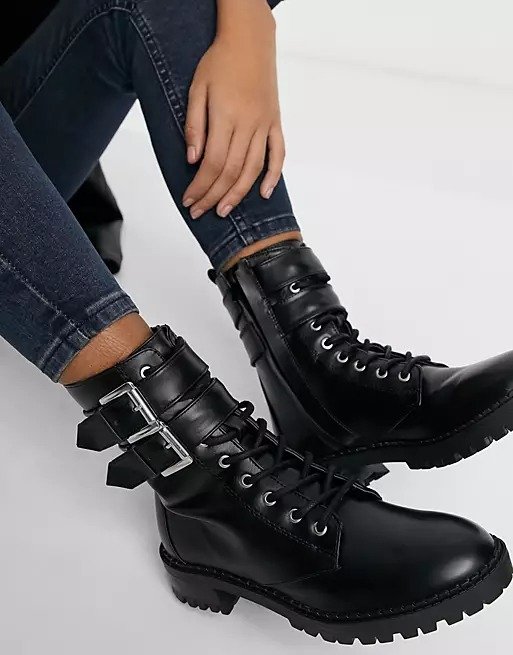 biker boot with buckle detail in black
