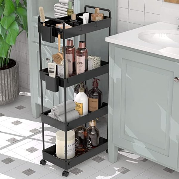 Slim Storage Cart, 4 Tier Utility Rolling Cart with Wheels Mobile Slide Out Storage Organizer Cart with Handle Hanging Cups Dividers for Bathroom Laundry Room Kitchen Office Narrow Place, Black
