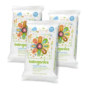 Babyganics Flushable Baby Wipes, Fragrance Free, 60 Count (Pack of 3, 180 Total Wipes)