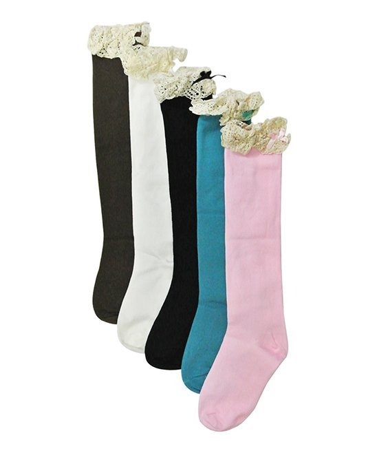 Pink Lace Ruffles Bow-Detail Knee High Five-Pair Socks Set - Kids
