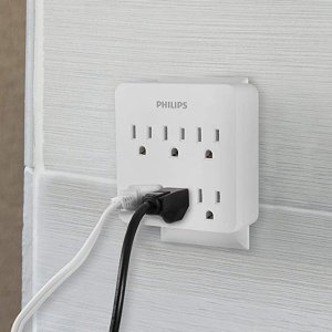 Philips 6-Outlet Surge Protector, 3-Prong Wall Adapter Plug, 1020J, White SPS1006WA/37