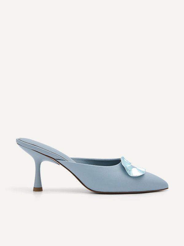 Iris Leather Heel Mules - Slate Blue