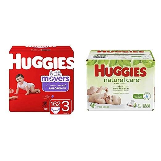 Brand Bundle –Little Movers Baby Diapers, Size 3, 162 Ct &Natural Care Unscented Baby Wipes, Sensitive, 6 Disposable Flip-Top Packs - 288 Total Wipes (Packaging May Vary)