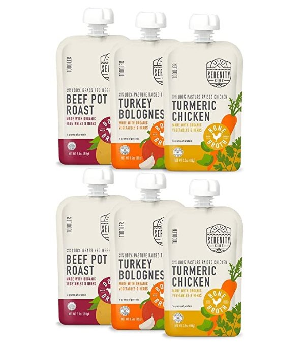Serenity Kids 7+ Months Bone Broth Puree Made With Organic Veggies | Clean Label Project Purity Award Certified | 3.5 Ounce BPA-Free Pouch | Variety Pack | 6 Count