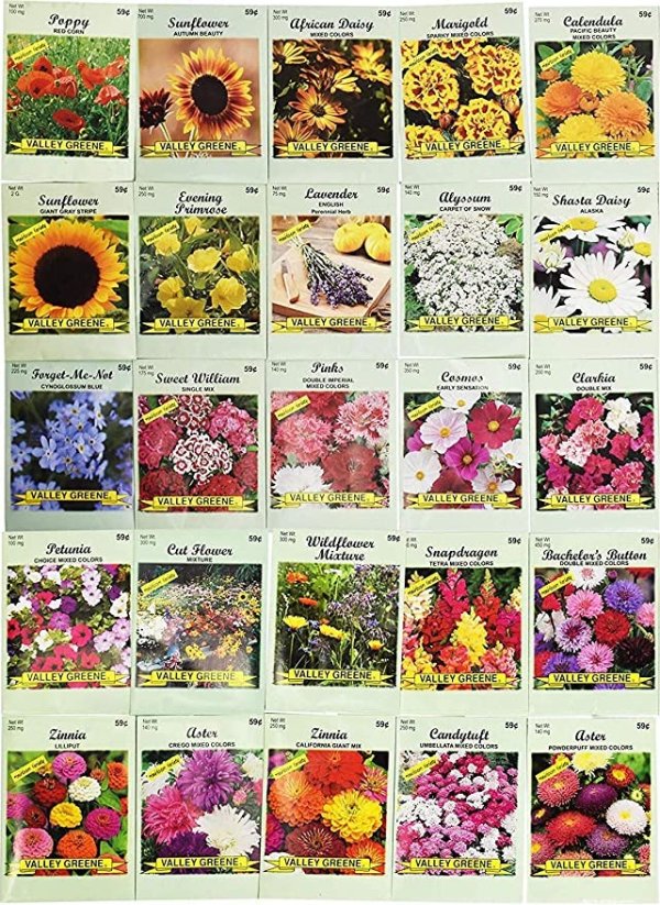 25 Flower Seed Packets Including 10+ Varieties - May Include: Forget Me Nots, Pinks, Marigolds, Zinnia, Wildflower, Poppy, Snapdragon and More - Made in the USA