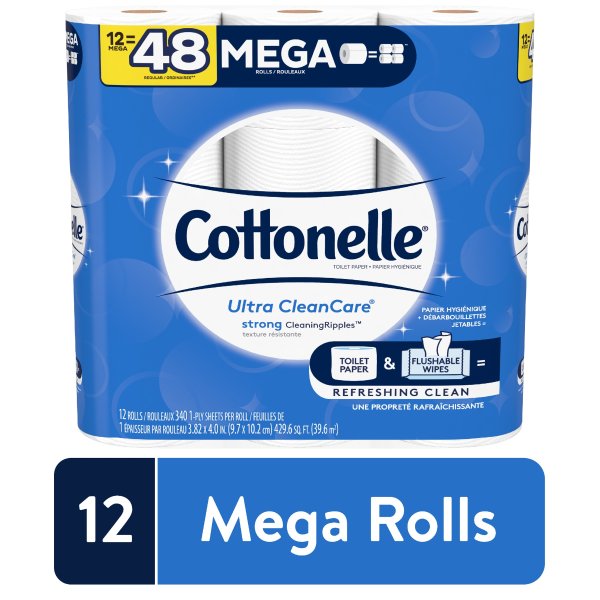 Ultra CleanCare Toilet Paper, 12 Mega Rolls (=48 Regular Rolls)