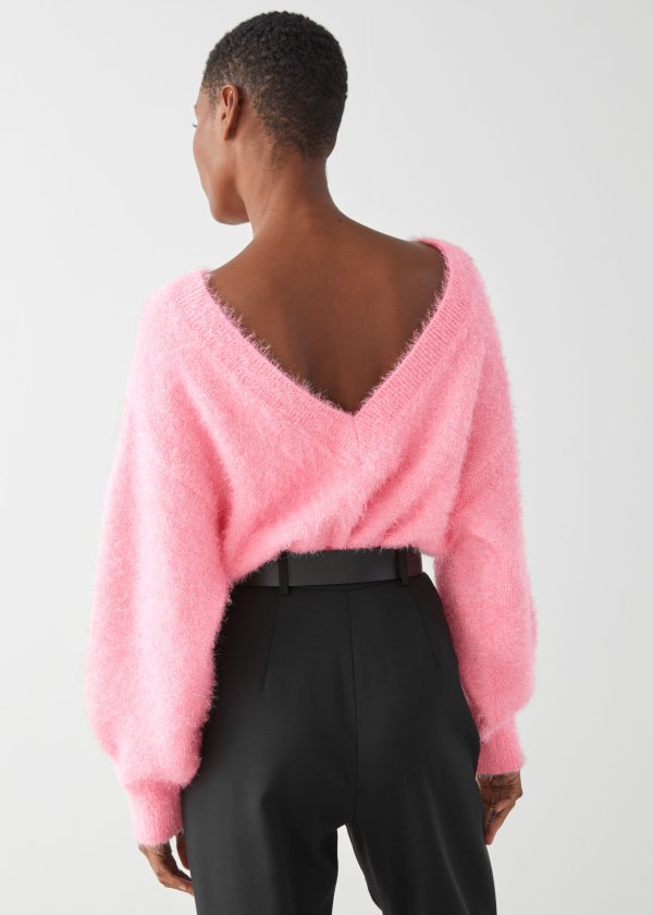 Relaxed Fuzzy V-Cut Back Sweater