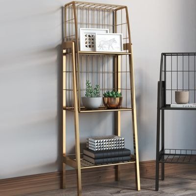 Industrial Gold Bookshelf with 3-Tier Basket Office Bookcase-Homary