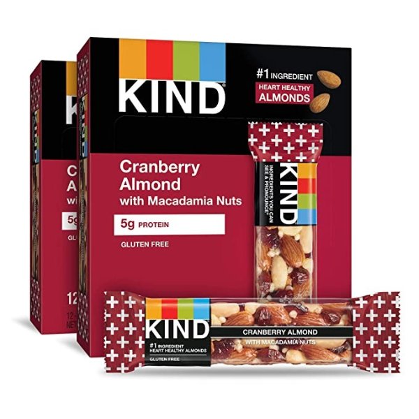 Bars, Cranberry Almond Plus Antioxidants with Macadamia Nuts, Gluten Free, Low Sugar, 1.4 Ounce Bars, 24 Count