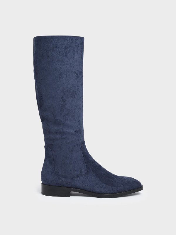 Blue Textured Zip-Up Knee High Flat Boots
