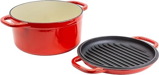 7 Quart Essential Enameled Cast Iron Double Dutch Oven- Dual Handles – Lid Doubles as Grill Pan, Oven Safe up to 500° F or on Stovetop - Use to Marinate, Cook, Bake, Refrigerate & Serve – Red