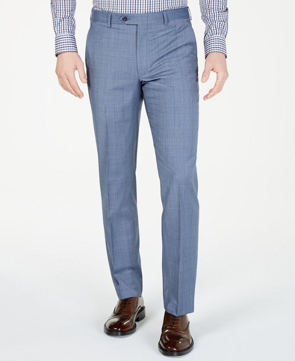Men's Classic-Fit Airsoft Stretch Light Blue Windowpane Wool Suit Pants