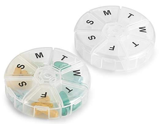 Weekly Pill Organizer - Pack of 2 - Large Round Travel Medication Reminder Daily Monday to Sunday Compartments, 7 Days