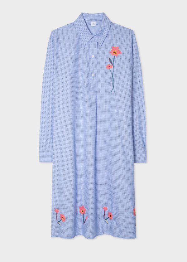 Women's Blue Polka Dot Shirt Dress With Embroidered Flower