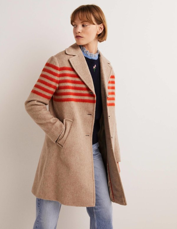 Italian Wool Stripe Coat - Camel, Bright Papaya Stripe | Boden US