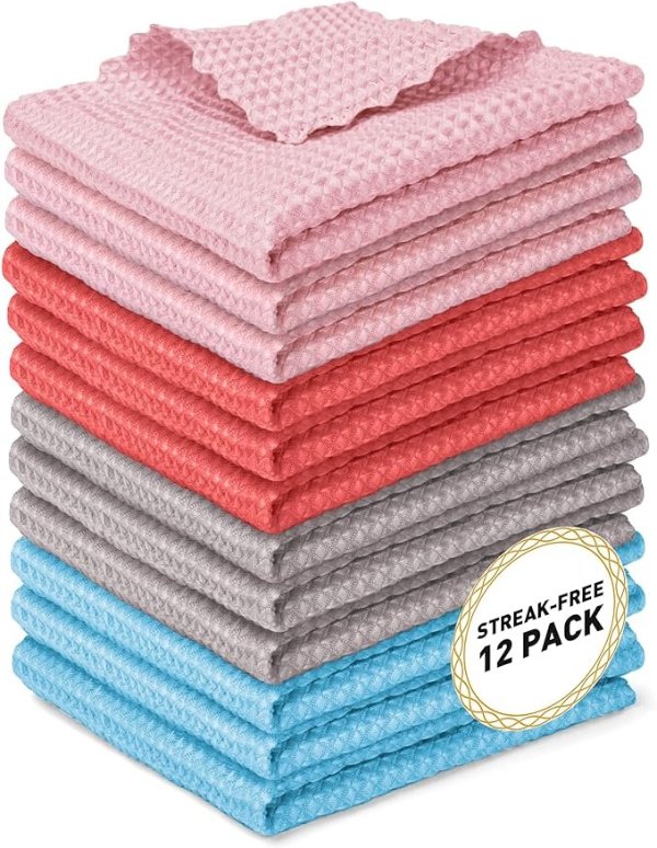 Lint Free Cloth, Microfiber Cleaning Cloth, Pack of 12, Dish Cloths for Washing Dishes, Steak Free Cleaning Cloth, Window Cleaning Cloth, 11.8x11.8 inches