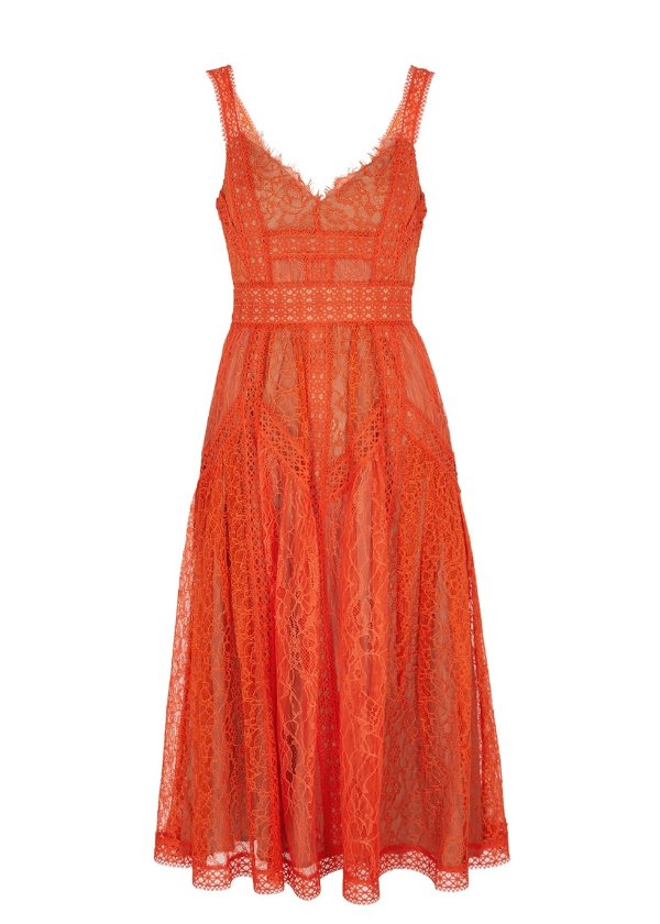 Orange guipure lace midi dress