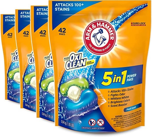 Plus OxiClean 5-in-1 Liquid Laundry Detergent Power Paks, High Efficiency (HE), 42 Count (Pack of 4)