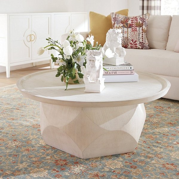 Lucian Sculptural Wood Coffee Table in Rustic Whitewash