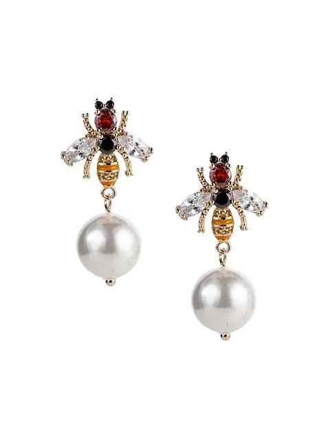 Freshwater Natural Shell Pearl & Crystal Bee Drop Earrings