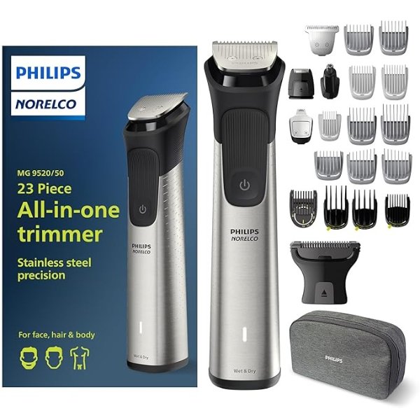 Norelco Multi Groomer 23 Piece Mens Grooming Kit, Trimmer for Beard, Head, Body, and Face - NO Blade Oil Needed MG9520/50