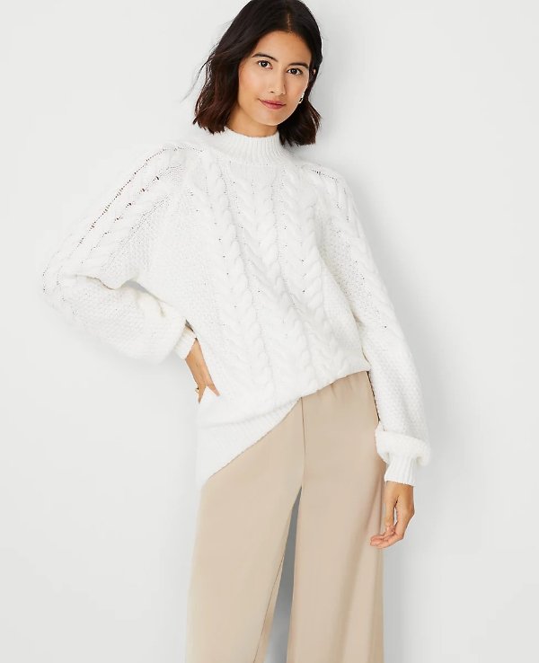 Relaxed Mock Neck Cable Sweater