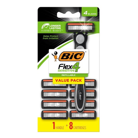 BIC Flex 4 Refillable Razors for Men, Long-Lasting 4 Blade Disposable Razors for Sensitive Skin, 1 Handle and 8 Cartridges, 9 Piece Shaving Kit