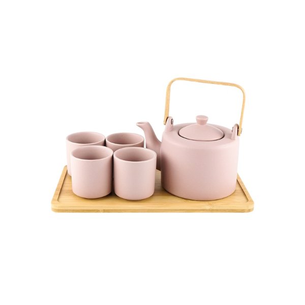 日式ins风茶具套组 带滤网 茶壶1个茶杯4个附竹盘 薰衣草粉色 | 亚米