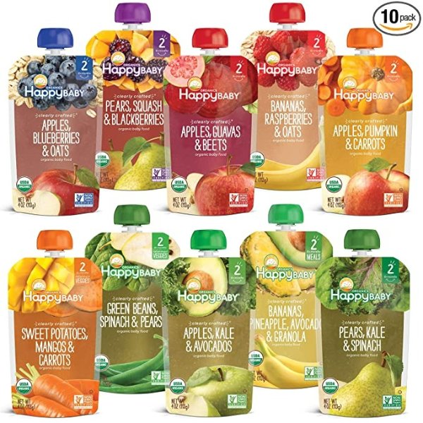 Baby Food Pouches by Happy Baby Organics, Gluten Free, Vegan, Baby Food Stage 2, Healthy Snack, Clearly Crafted, Fruit & Veggie Variety Pack, 4 Ounces (Pack of 10)