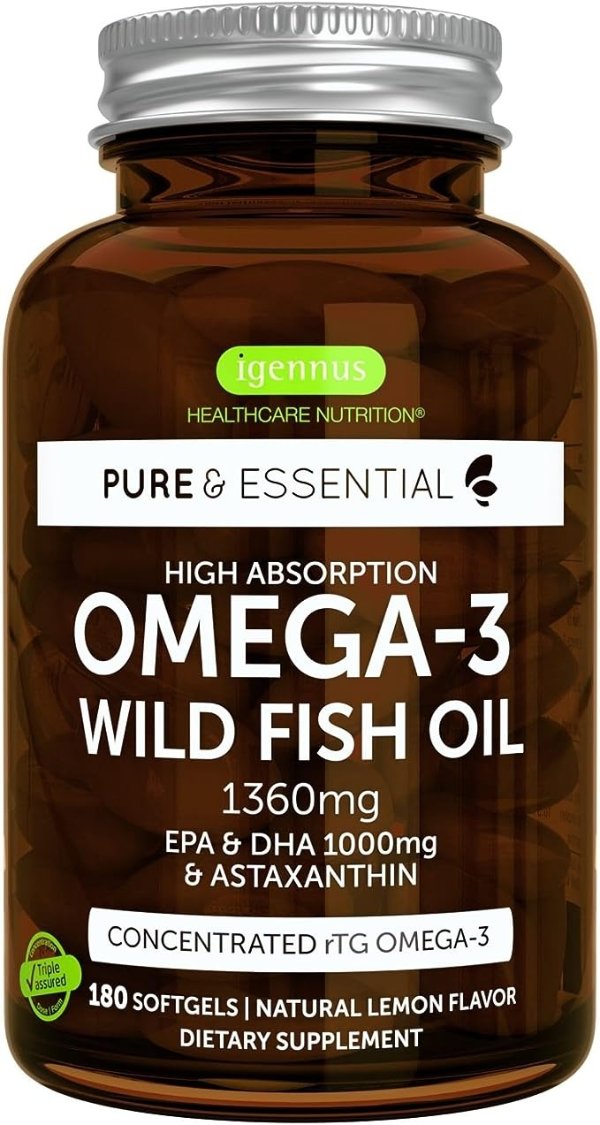 Pure & Essential 高吸收性 Omega-3 野生鱼油 1360 毫克、EPA DHA 1000 毫克和虾青素 1 毫克，柠檬味，180 粒胶囊