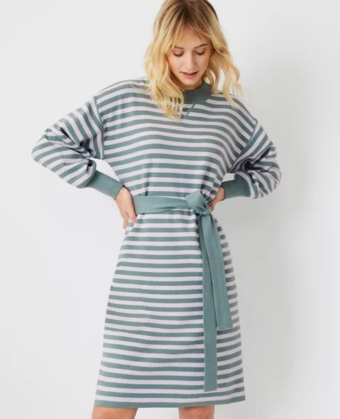 Petite Striped Belted Sweater Dress | Ann Taylor