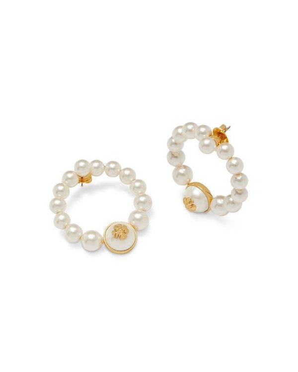 Pearls On Pearls Emblem Imitation Pearl Front Facing Hoop Earrings in Gold Tone