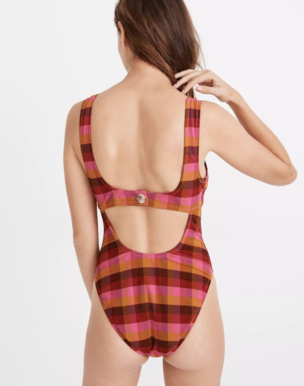 Second Wave Button-Back One-Piece Swimsuit in Azalea Check